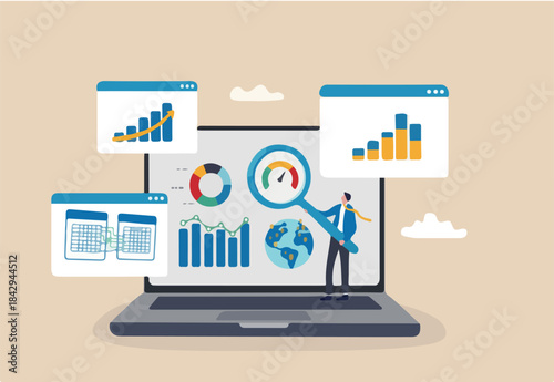 Market research data analysis, analyze business data or financial report, SEO analytics or profit and earning concept, businessman analyst with magnifying glass analyze data on computer laptop