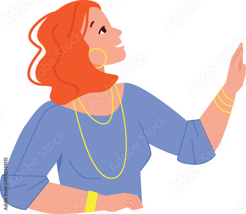 Woman look up. Watching female cartoon character