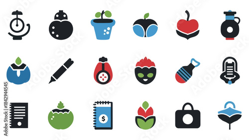 Colorful illustration of various objects including fruits plants and stationery