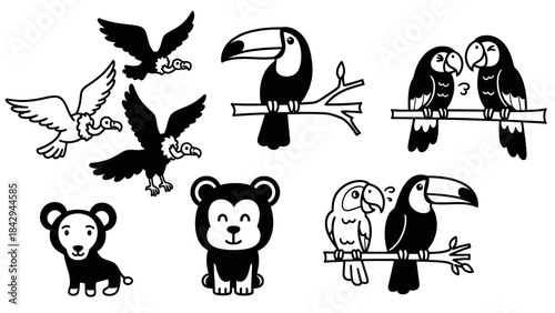 Cartoon animals collection birds monkeys and parrots in simple black and white