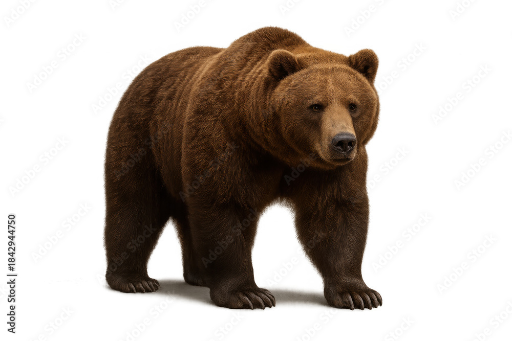 Fototapeta premium Brown bear walking forward, isolated on a transparent background, viewing the scene with a serious expression