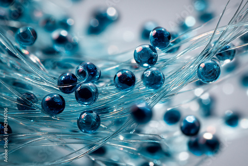 Macro blue hydrogel beads trapped in transparent fibers for hair care technology background