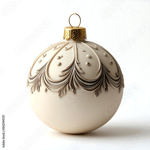 Cream decorative matte bauble ornament with ornate carved swags and gold cap, elegant holiday festive mood