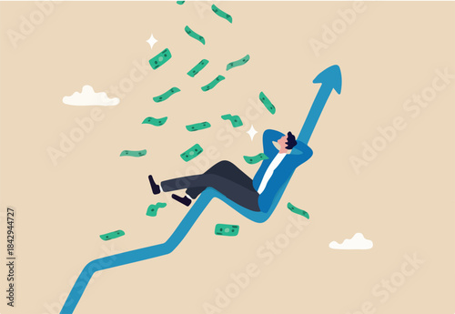 Easy money, passive income earn money while sleeping, get rich quick or success investment, earning from stock market, mutual fund or crypto concept, businessman sleep on bull market rising graph