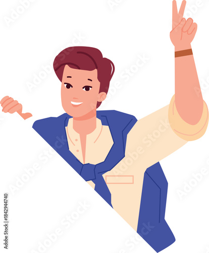 Hiding man greeting gesture from behind. Looking person