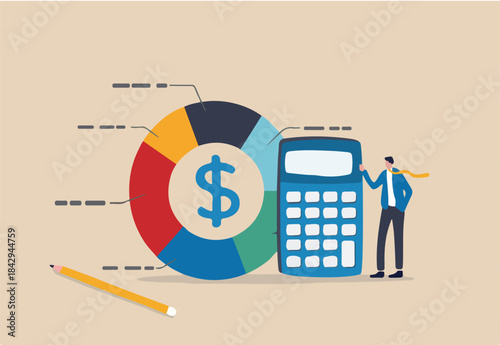 Cost structure, expense and income balance calculation, revenue, debt and investment analysis, money management, budget or saving concept, businessman with calculator with pie chart of cost structure.