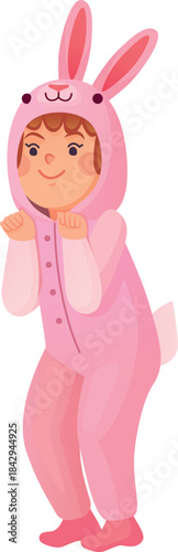 Girl wearing pink rabbit pajamas. Cozy cartoon clothes