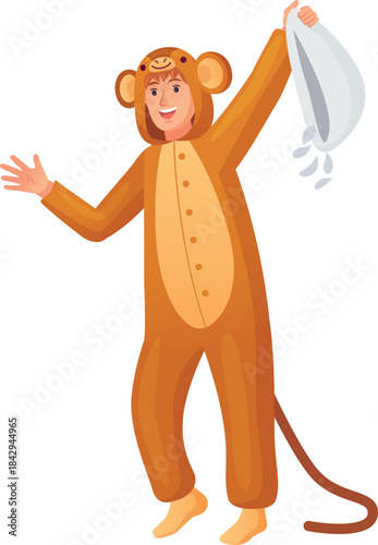 Man in monkey pajamas hold pillow. Animal sleepover icon