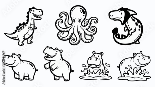 Cartoon animals collection dinosaur octopus hippo shark outline vector illustrations