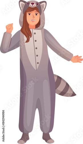 Adult racoon night costume. Cartoon woman wear pajamas