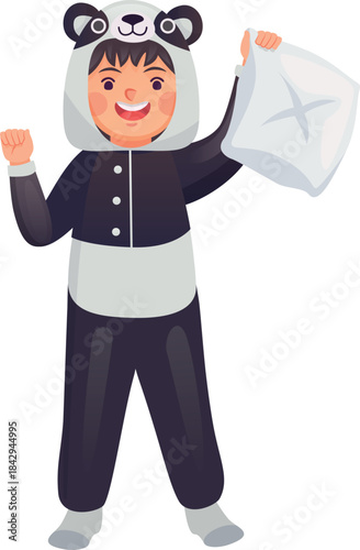 Cartoon panda pajamas on happy kid. Boy wear kigurumi