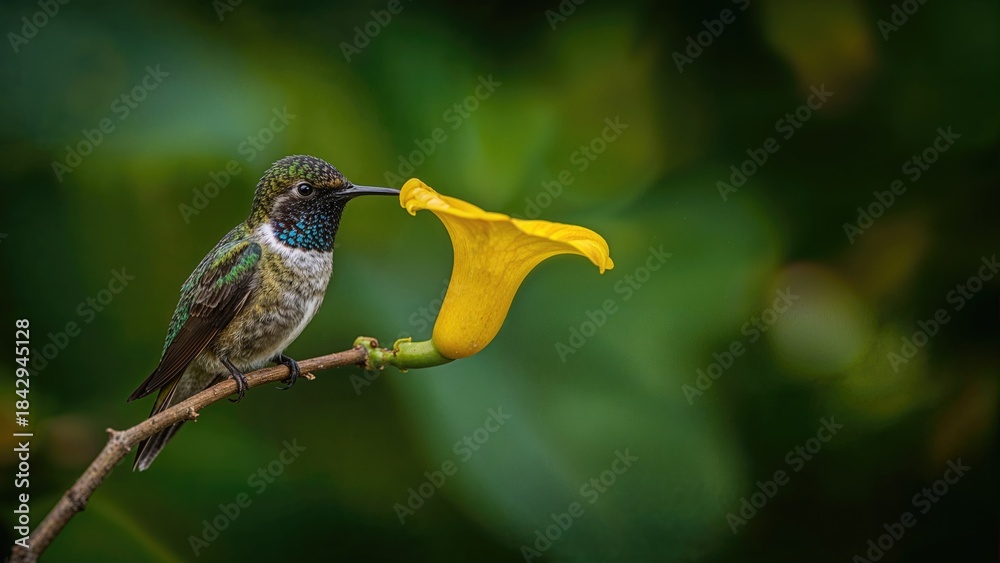 Naklejka premium Hummingbird feeding on a yellow flower against a green leafy background. Nature and wildlife, concept. Bird and plant interaction. The concept of pollination and natural habitats.
