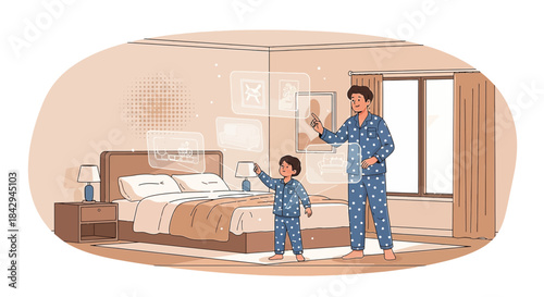 Father and Son Engaging with Interactive Holographic Interface in Cozy Bedroom Setting