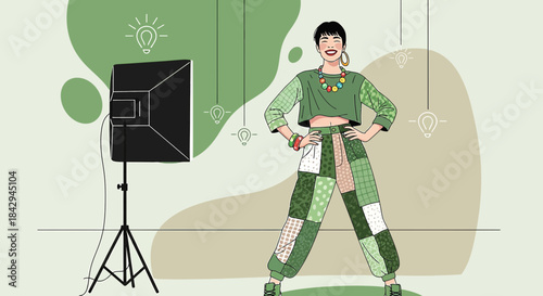 Fashion influencer showcasing trendy patchwork outfit under professional studio lighting setup