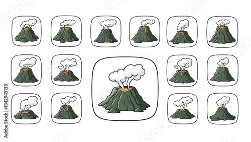 Cartoon volcanoes erupting with smoke isolated on white background