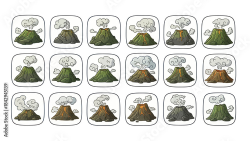 Cartoon volcano illustrations set in various stages of eruption and color