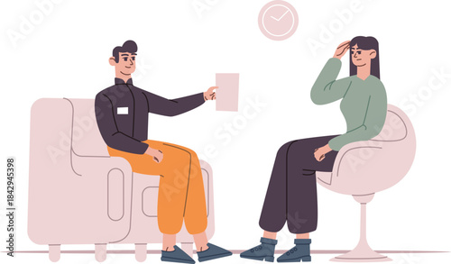 Therapy session. Mental counseling. Woman meeting psychologist