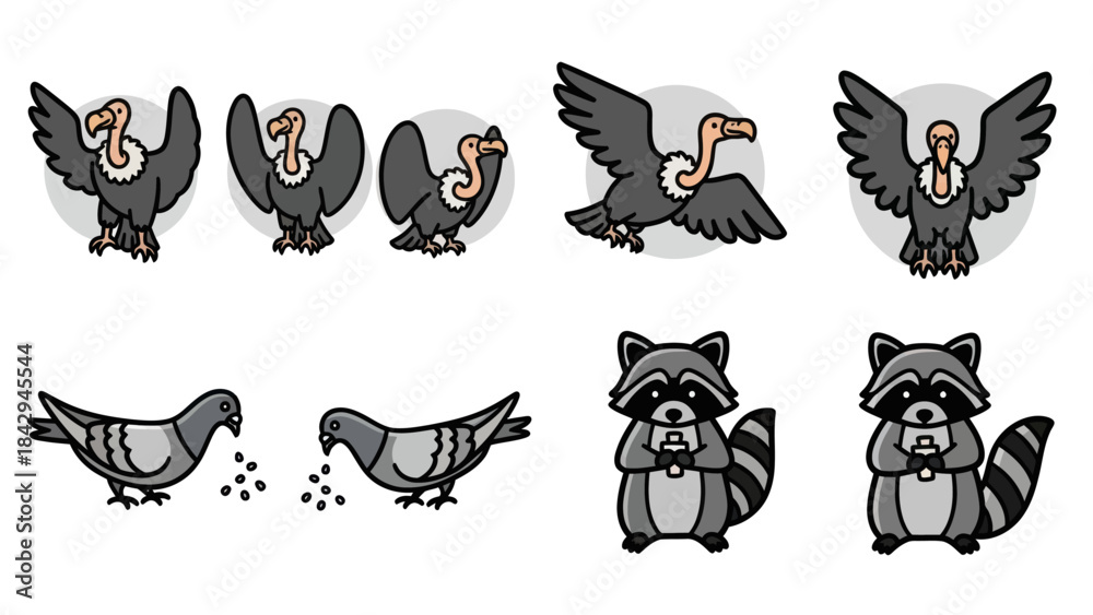 Fototapeta premium Cartoon vultures pigeons and raccoons illustrations for various design projects