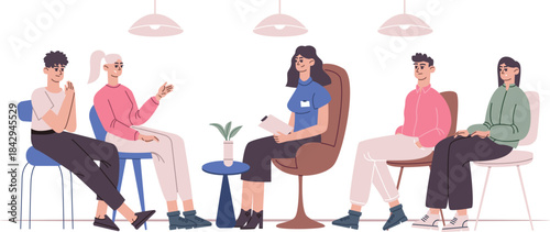 Group therapy. People sitting on chairs and talking with psychologist