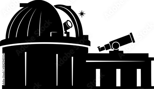 Illustration of an observatory building in black and white silhouette
