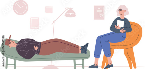 Psychoanalysis session. Man talking with therapist. Psychology counselor