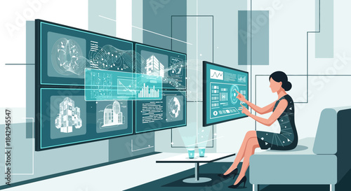 Futuristic executive interacts with multiple smart screens to manage global resources