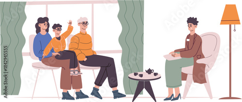 Kid psychologist session. Parents and child at counseling meeting