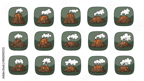 Cartoon volcanoes with smoke erupting on green backgrounds for design