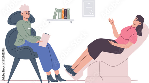 Psychological treatment. Man sit in armchair speak with therapist