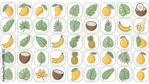 Colorful tropical fruit collection with mango banana coconut and leaves