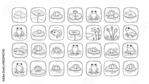 Frog and lily pad icons collection line art illustrations for design