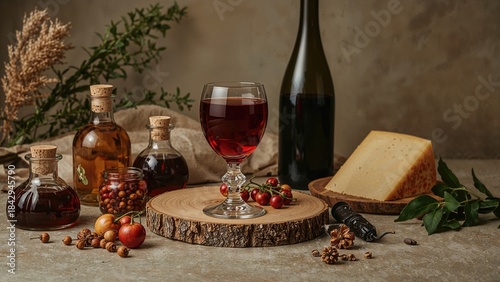 Assorted bottles of wine and spirits, a glass of red wine, a wine bottle, cheese block, and fresh herbs and spices arranged on a rustic surface.