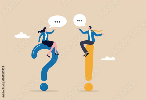 Question and answer, Q&A session, FAQ, frequently asked questions, discussion to get solution to solve problem, brainstorm conversation or quiz concept, businessman and woman ask and answer questions.