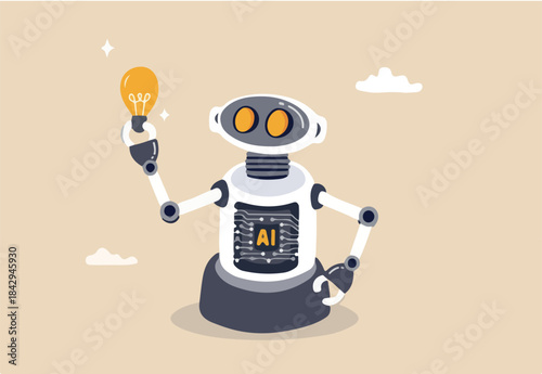 AI artificial intelligence technology to think and advice new idea, machine learning chatbot to support and help, innovation or automation, smart robot with AI chip thinking about new lightbulb idea