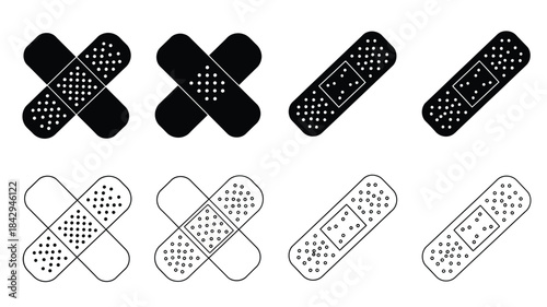 Black and white adhesive bandages in various orientations and styles