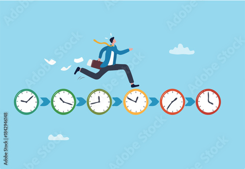 Deadline urgency, timer clock countdown, pressure to finish work within time limit, due date or timing to complete responsibility concept, businessman hurry running on time counting down deadline