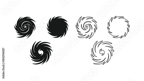 Black and white swirling shapes arranged in a linear progression