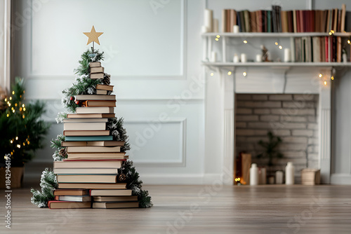 Creative book christmas tree decorated with star in cozy living room