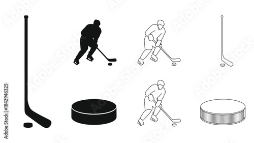 Hockey icons players puck sticks and goal elements in a minimalist style