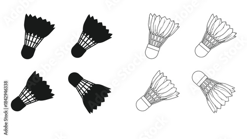 A graphic depiction of badminton shuttlecocks in both black and white designs