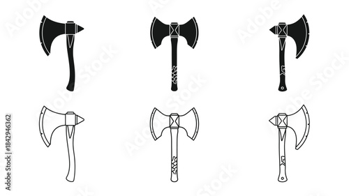 A collection of black and white hand axes in various styles and designs