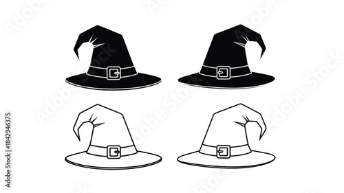 A collection of classic witch hats in black and white outlines