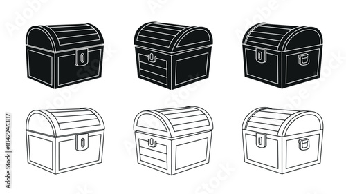 A collection of black and white treasure chest illustrations in varied styles
