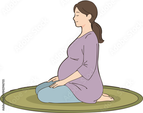A calm flat-style illustration shows a pregnant woman sitting in a kneeling yoga pose with eyes closed, practicing prenatal meditation on a mat.