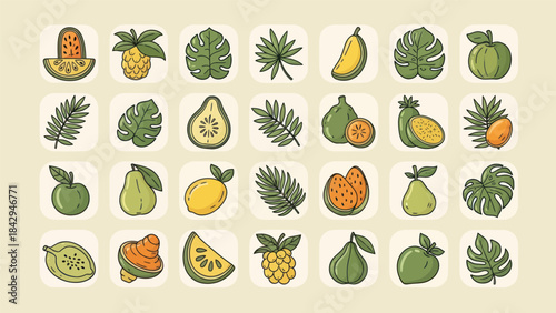 Colorful tropical fruits and leaves in vector style on light background