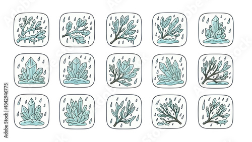 Cartoon gemstone and plant icons in square frames representing nature