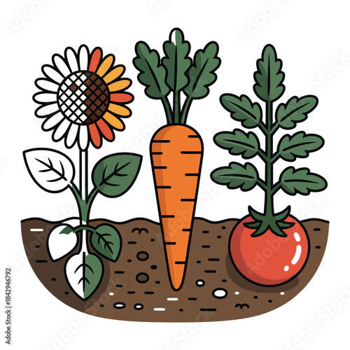 Gardening concept showing a sunflower, a carrot, and a tomato plant growing in rich brown soil, illustrating plant growth