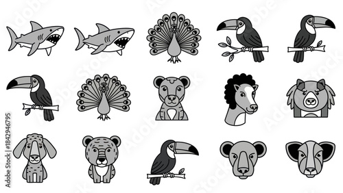 Collection of animal illustrations in a simple black and white outline style