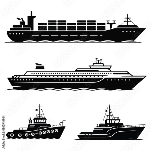 Set of black and white silhouettes of various sea transport including a cargo ship with containers, a large passenger liner, and two types of smaller boats on waves isolated on white background