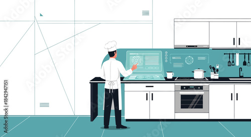 Futuristic Kitchen Automation: Chef Interacting with Advanced Digital Interface for Meal Preparation